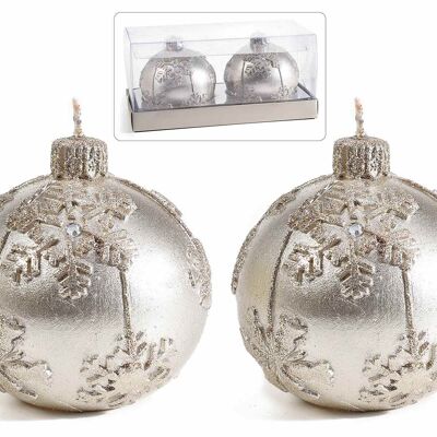 Champagne colored Christmas bauble candles with glitter in a box of two