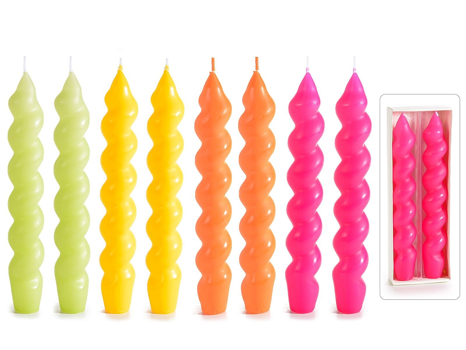 Colored torchon candles in a box of 2 pieces