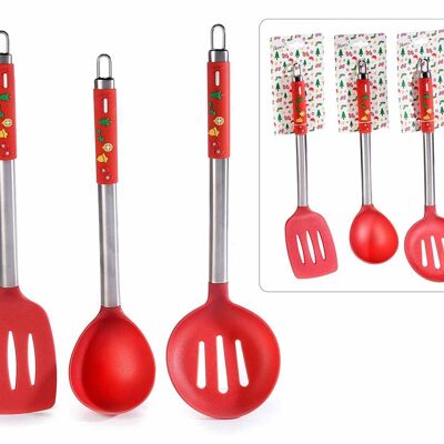 Nylon kitchen Christmas utensils/ladles with steel handle and silicone Christmas decoration in gift blister with Christmas print 14zero3