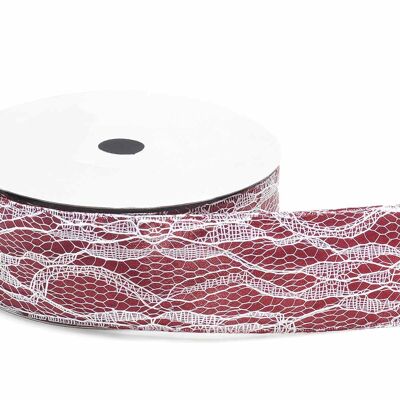 Tubular ribbons for wedding favors in burgundy satin with white lace