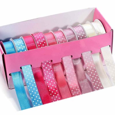 Colored satin ribbons in a box of 10 rolls