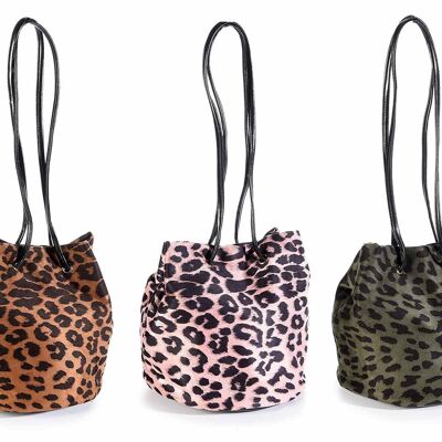 Bucket handbags in animal print fabric and button closure