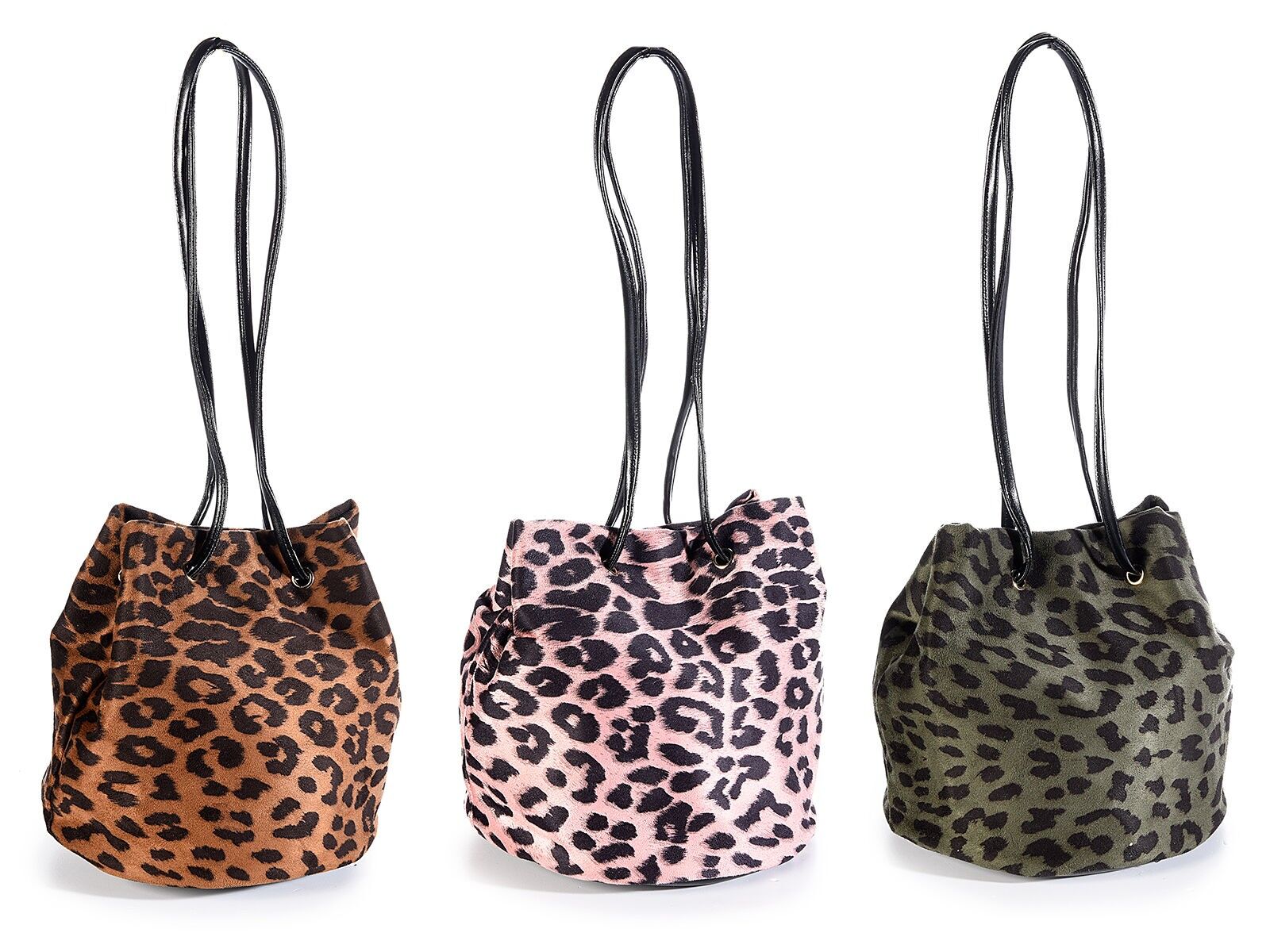 Bucket handbags in animal print fabric and button closure