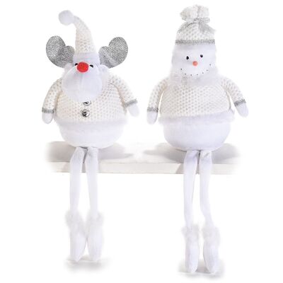 Figuras navideñas de pie con patas largas y detalles en purpurina plateada.