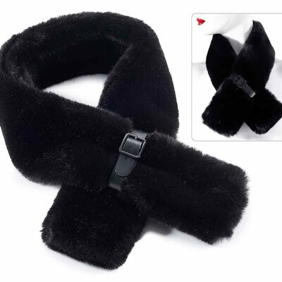 Neck warmer in soft ecological fur with imitation leather closure buckle