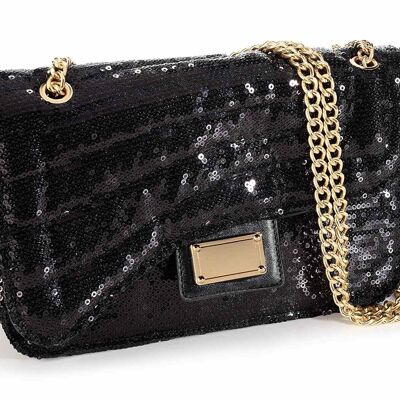 Women's black sequin shoulder bags with golden chain and magnetic button closure