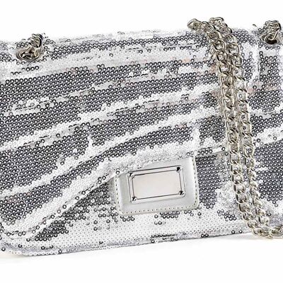 Silver sequined bags with silver chain shoulder strap and magnetic button closure