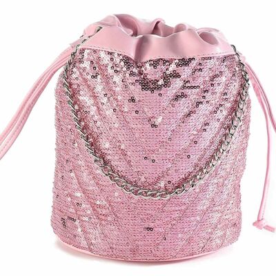 Sequin bucket bags with silver chain handle and pull closure