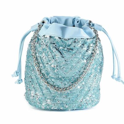 Women's light blue bucket bags with sequins, silver chain handle and tie closure
