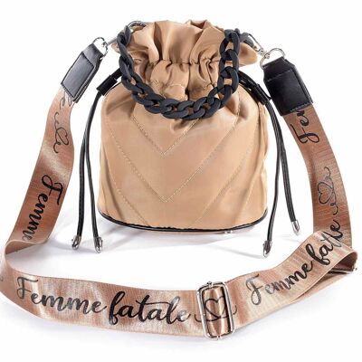 Women's fabric bucket bags with shoulder strap and matte chain