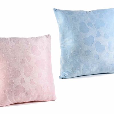Padded fabric cushions with embossed heart decorations