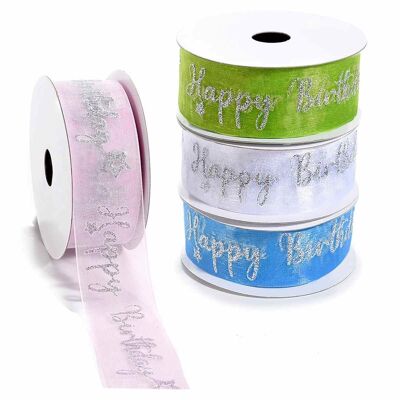 Nastri in organza con scritta glitterarta "Happy Birthday"