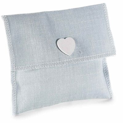 Light blue fabric bags with decorative wooden heart and velcro closure