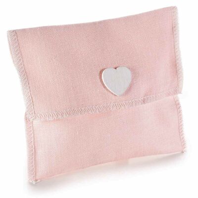 Pink fabric bags with decorative wooden heart and velcro closure