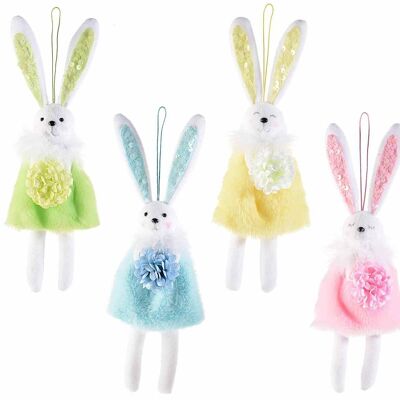 Bunnies with fake fur clothes and flowers to hang