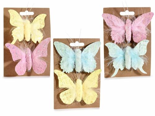 Blister con 2 farfalle in morbida stoffa colorata e piume con clip