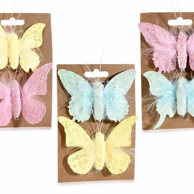 Blister de 2 papillons en tissu coloré doux et plumes avec clips