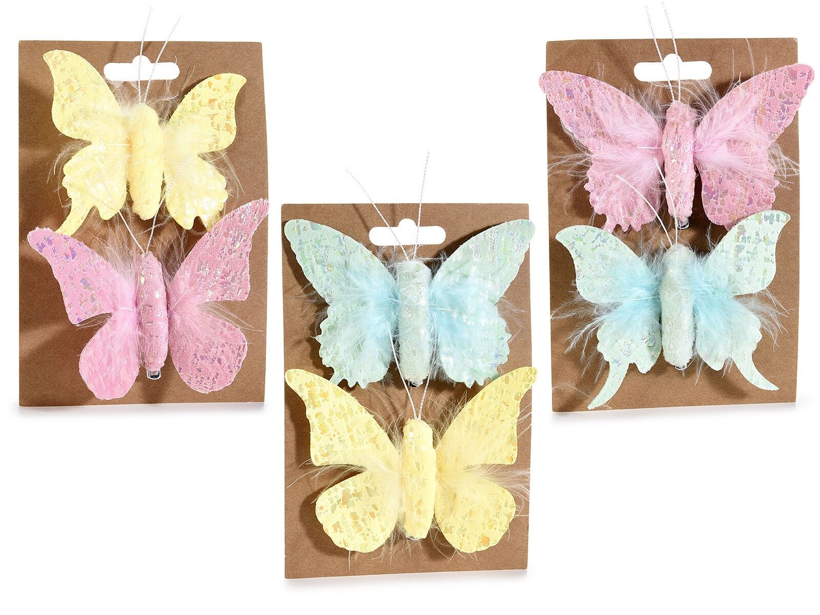 Blister con 2 farfalle in morbida stoffa colorata e piume con clip