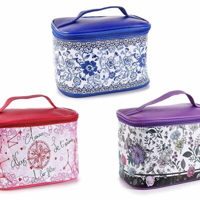Women's beauty bag in imitation leather with zip closure and floral prints