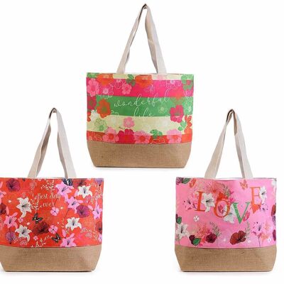 Fabric beach bags with jute base and "Giga flower" floral design, with internal pocket and magnetic button closure