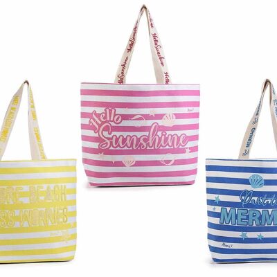 Beach bags in striped fabric with handles and glitter writing