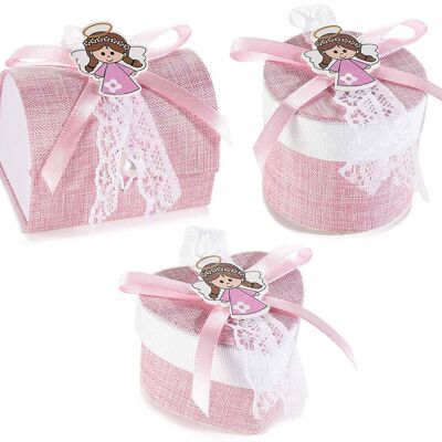 Fabric favor boxes with wooden decorations and pink bows for girls
