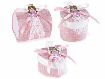 Boîtes à cadeaux en tissu avec décorations en bois et nœuds roses pour filles