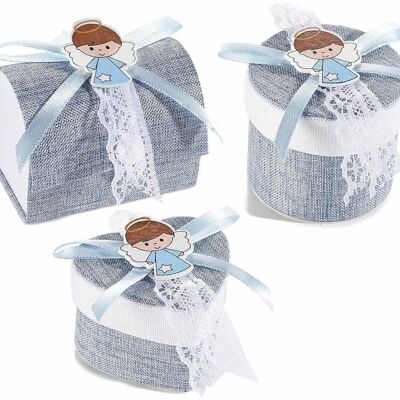 Fabric favor boxes with wooden angel decorations and blue bows for children