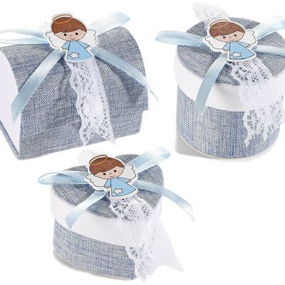 Scatoline bomboniere in stoffa con decorazioni in legno angioletto e fiocchetti azzurri per bambini