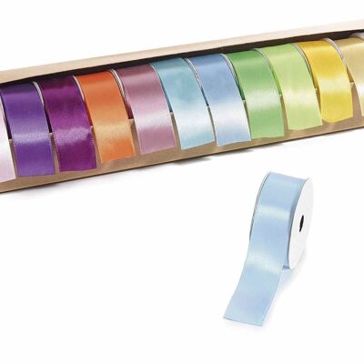 Expositor con 12 cintas de raso de colores pastel.