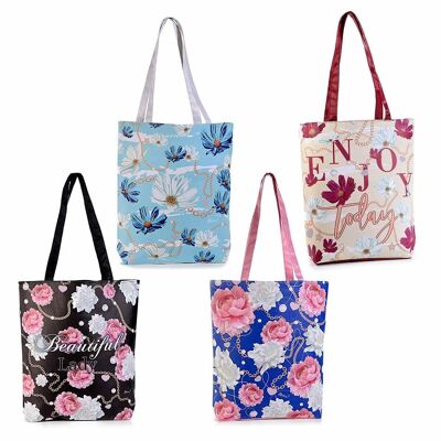 Bags in fabric and "Flowers and chains" prints, imitation leather handles and internal pocket with zip closure