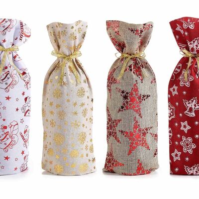 Fabric bottle holder with metallic star decorations and golden ribbon