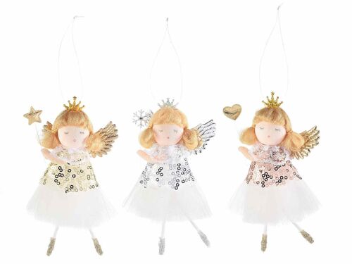Angeli con abito in tulle e paillettes, bacchetta decorativa e coroncina da appendere