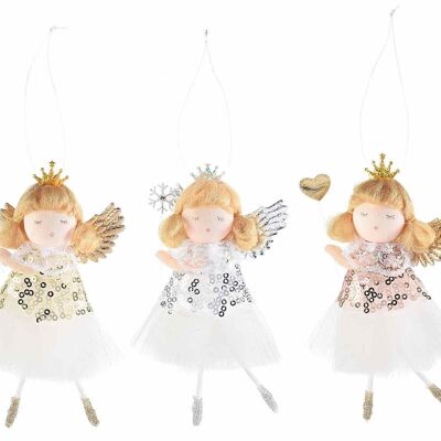 Angels with tulle and sequin dresses, decorative wand and crown to hang