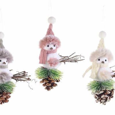 Little birds with scarf, hat, snowy pine cone to hang
