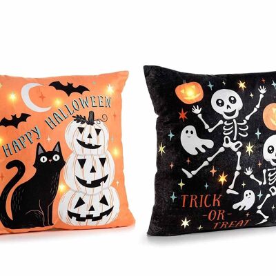 Cojines de Halloween acolchados y desenfundables con luces LED y estampado de calabazas, calaveras y gatos 14zero3