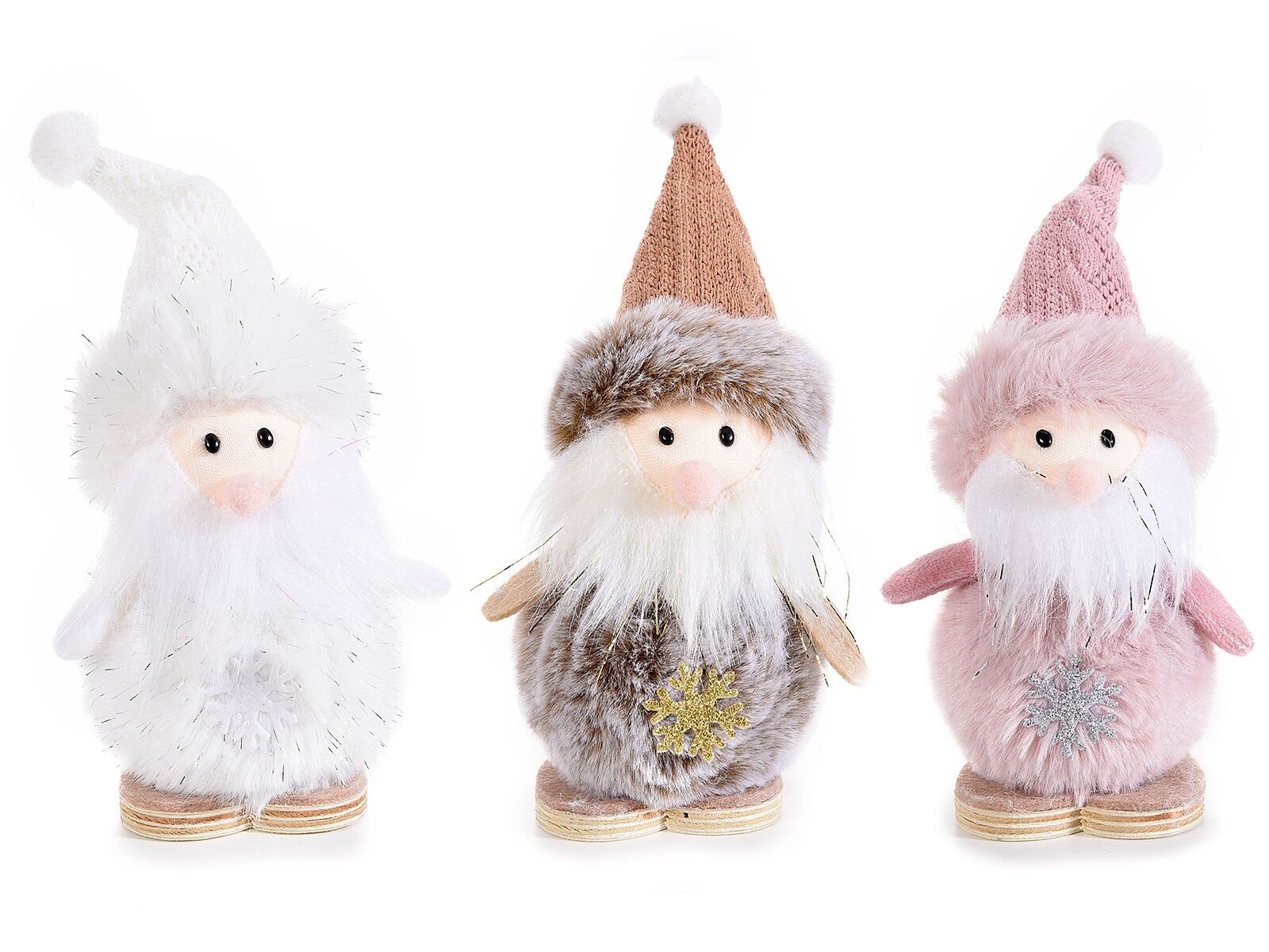 Personaggi a Babbo Natale con cappello in morbida eco-fur, decoro natalizio e piedi in legno da appoggiare