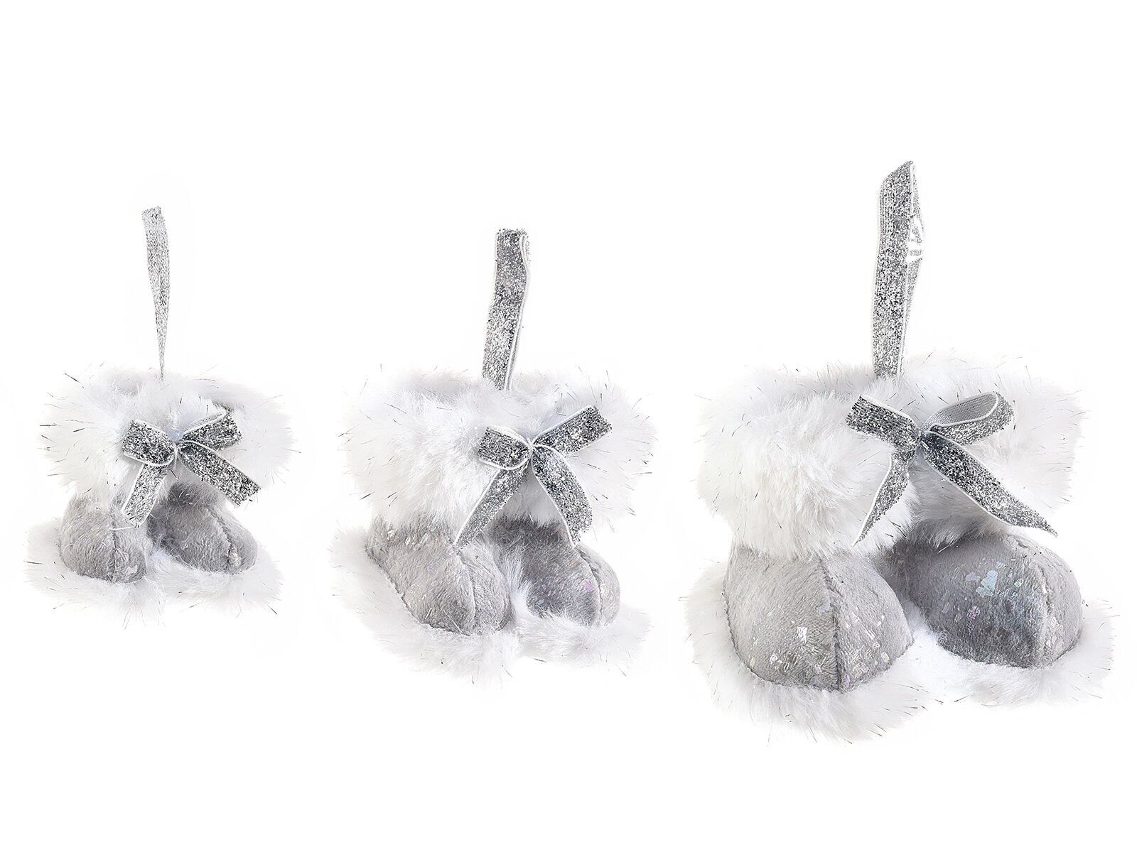 Décoration à accrocher sur une botte avec détails en fourrure et ruban pailleté argenté en lot de 3 tailles