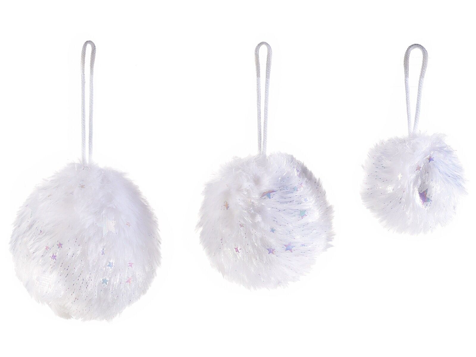 Boules de Noël en éco-fourrure avec étoiles et paillettes à suspendre en lot de 3 pièces