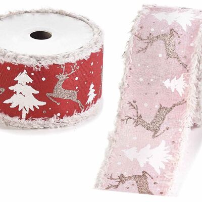 Red and pink moldable Christmas ribbons with golden glitter and fringed edge