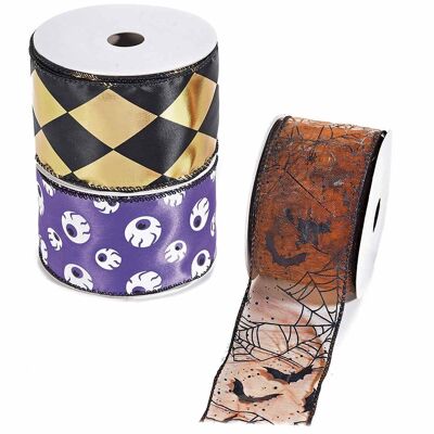 Halloween ribbons with cobwebs and prints in polyester and moldable organza