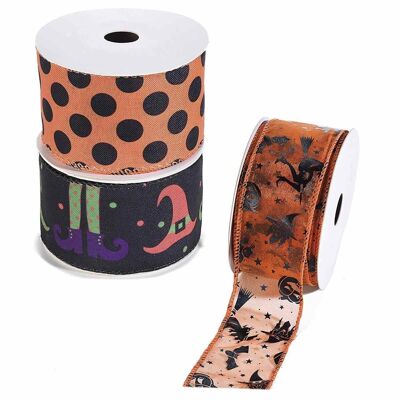 Halloween bats and witches themed ribbons in polyester and moldable organza