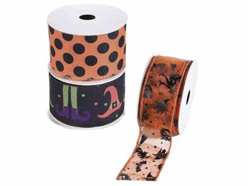 Rubans thème Halloween chauves-souris et sorcières en polyester et organza moulable