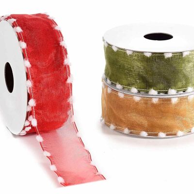 Organza Christmas ribbons with snowflake decorations in relief with pom pom effect