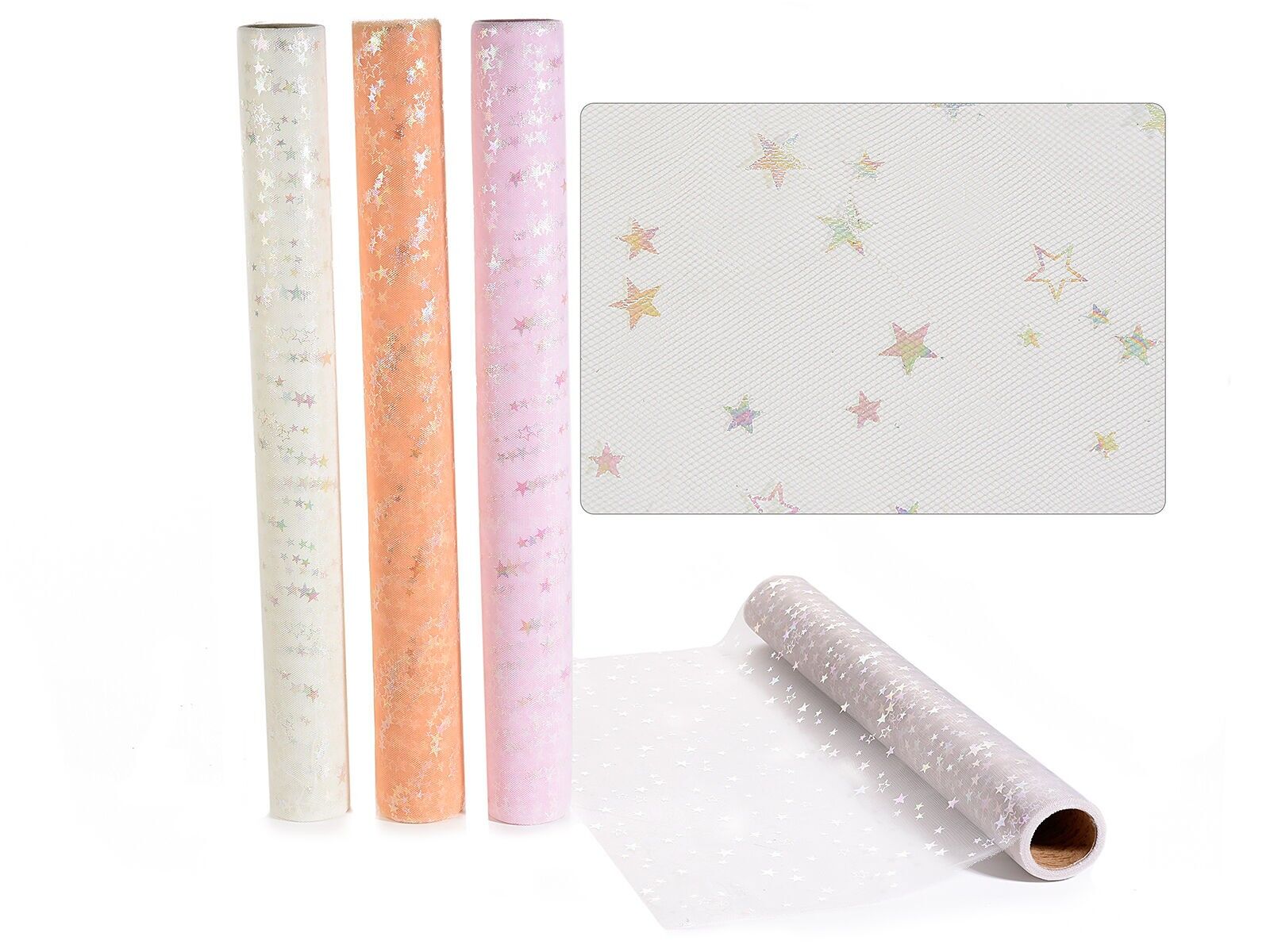 Rollen aus dekorativem Tüll mit metallischen silbernen Sternen