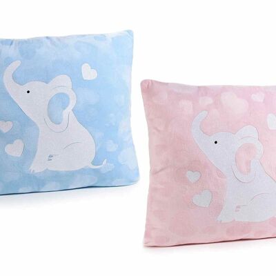 Padded fabric cushions with embossed heart decorations and "Elephant" print