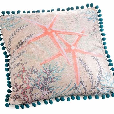 Padded cushions with removable covers with pompoms and starfish print