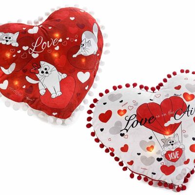 Cuscini San Valentinoa cuore imbottiti e sfoderabili con luci led "Cats in love"