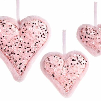 Pink hearts with fur and sequins to hang in a set of 3