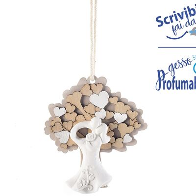Decorazioni per bomboniere da appendere con Albero della vita e coppia di sposi in gesso e profumabili